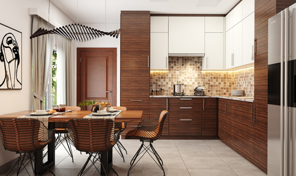 Dapur dengan desain dapur yang terbuka ke ruang makan